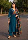 Peacock colour Flex cotton with mirror work