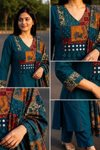 Peacock colour Flex cotton with mirror work