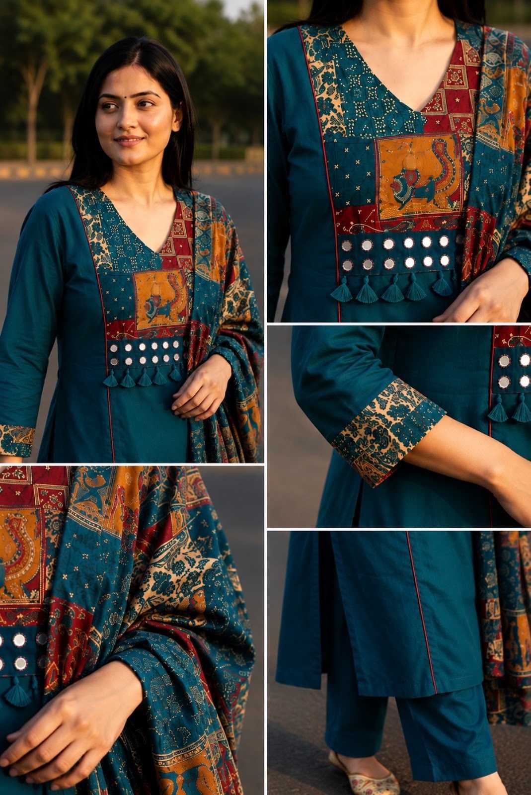 Peacock colour Flex cotton with mirror work