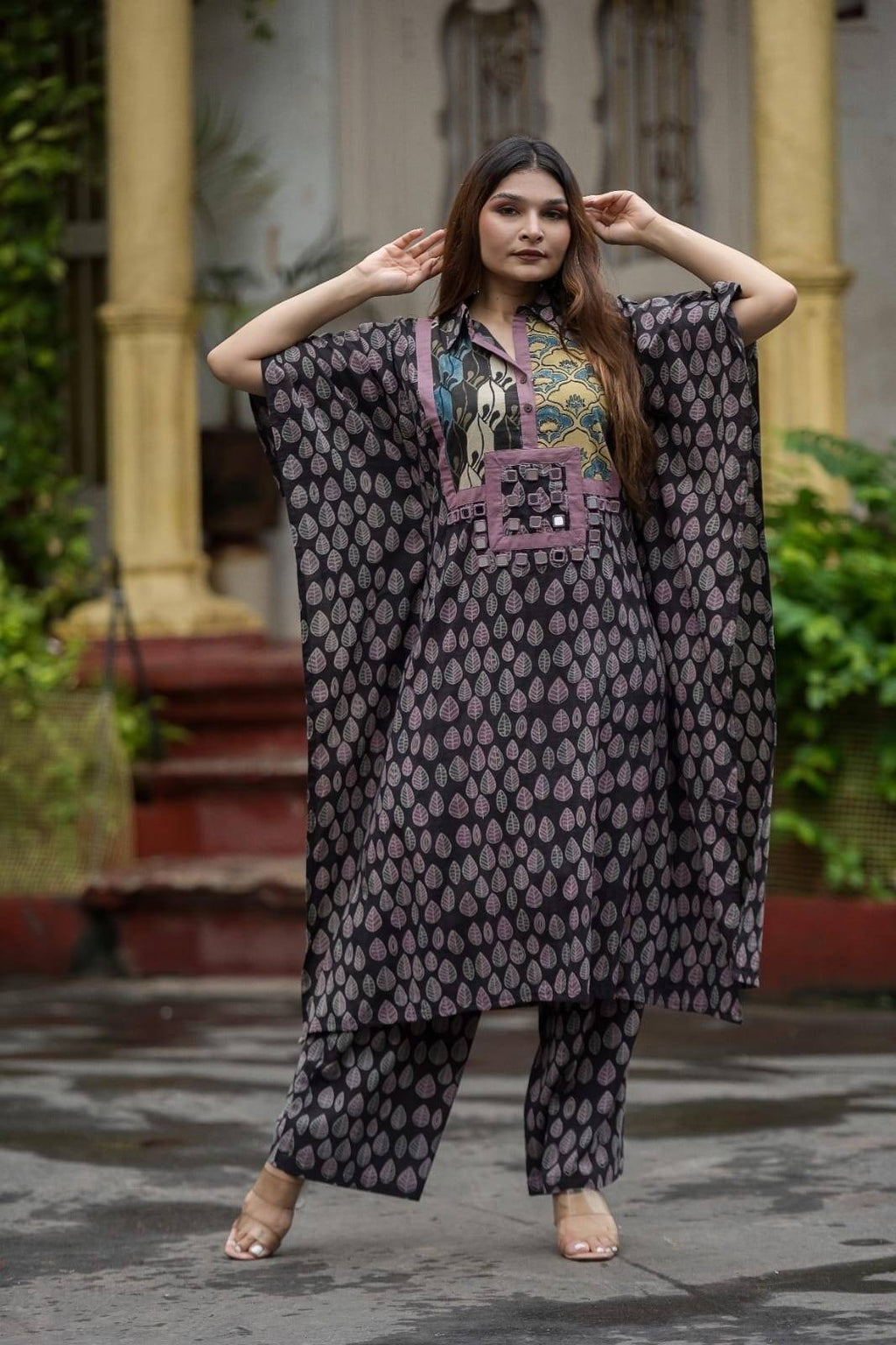 Poncho style Kurta set with jahota hand block print along with culottes