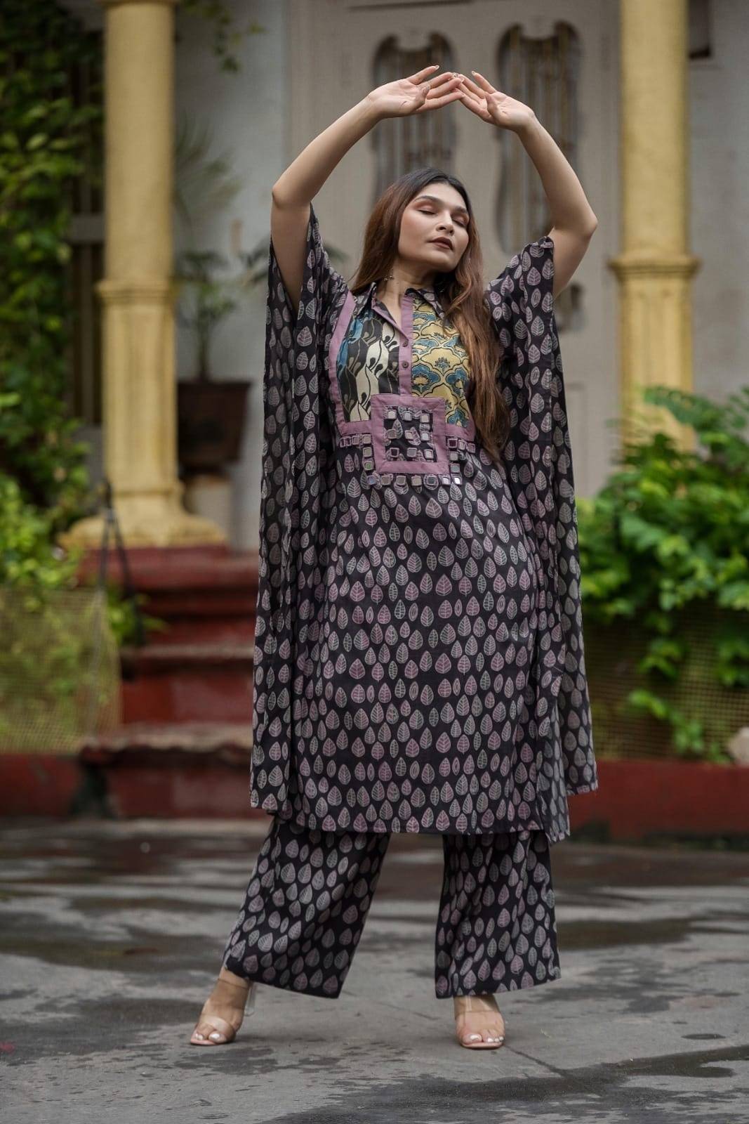 Poncho style Kurta set with jahota hand block print along with culottes