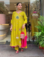 Pure Banarasi mul chanderi Anarkali suit with  intricate zardozi and shimmering cutdaana wirk with santoon bottom along with soft organza dupaata