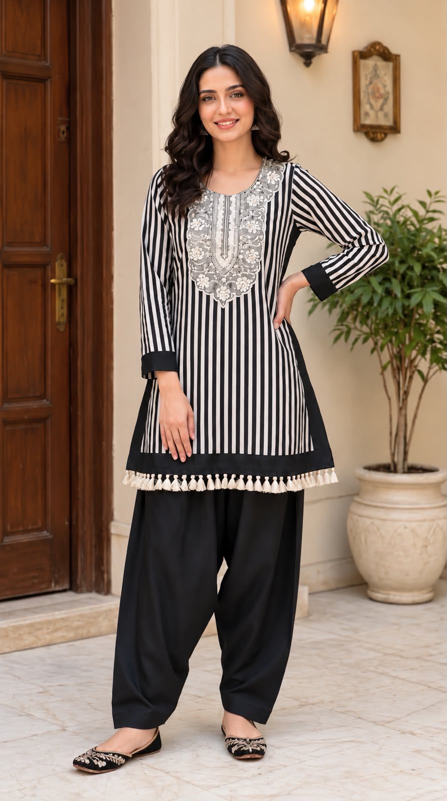 Pure cotton Black and white strips farsi salwaar embroidered coordset
