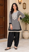Pure cotton Black and white strips farsi salwaar embroidered coordset