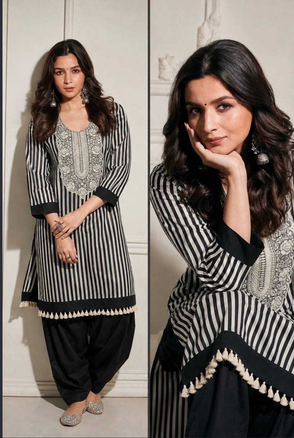Pure cotton Black and white strips farsi salwaar embroidered coordset