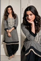 Pure cotton Black and white strips farsi salwaar embroidered coordset