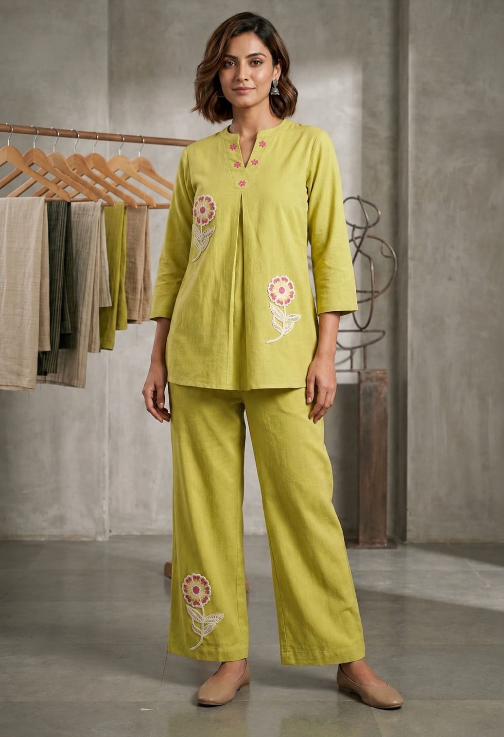 Pure Cotton Coordset With Crochet Applique Work Detailing On Top Bottom in Green