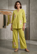 Pure Cotton Coordset With Crochet Applique Work Detailing On Top Bottom in Green