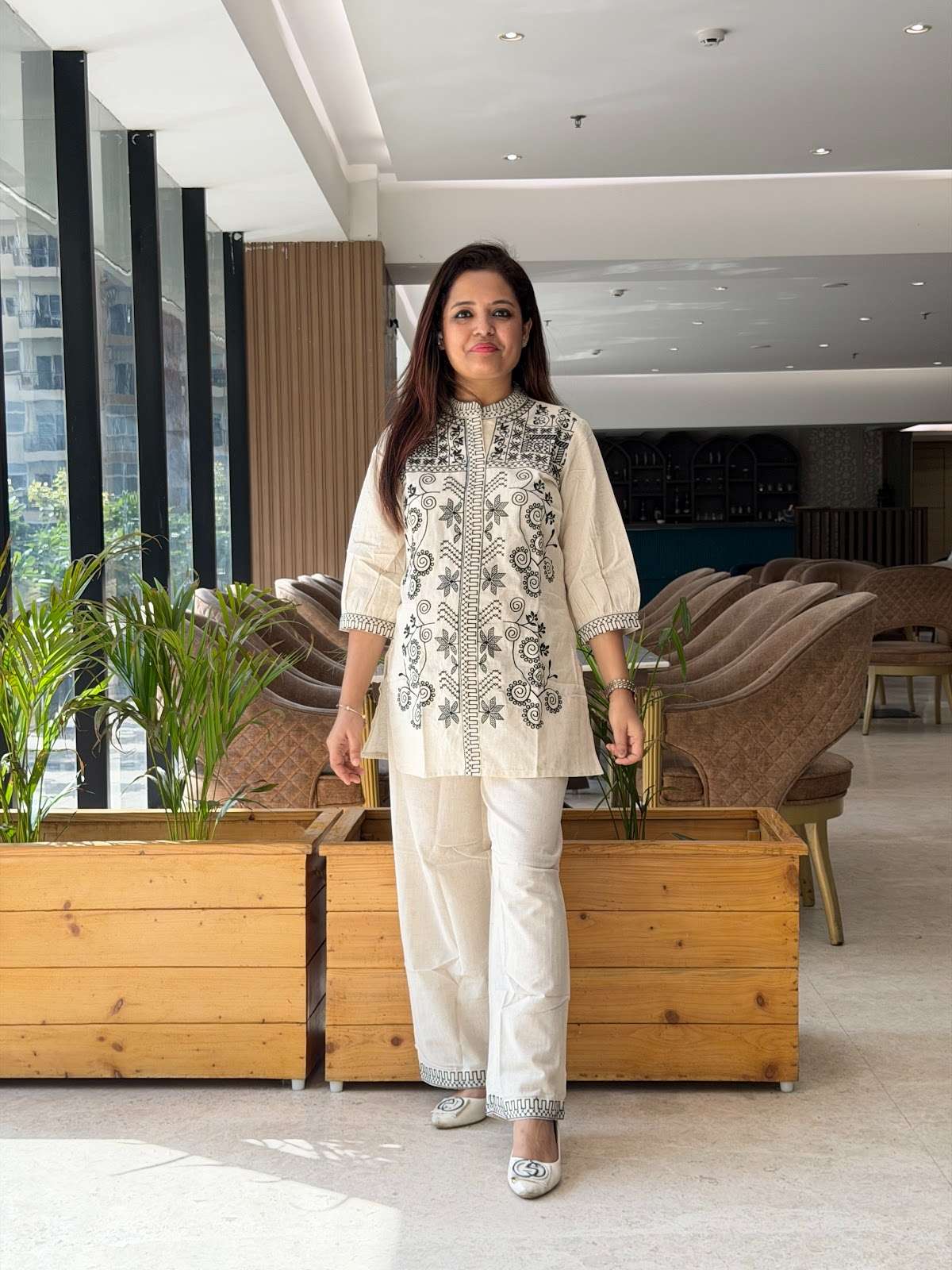 Pure Cotton Full Embroidery Coordset With Pockets In Bottom In White Colour