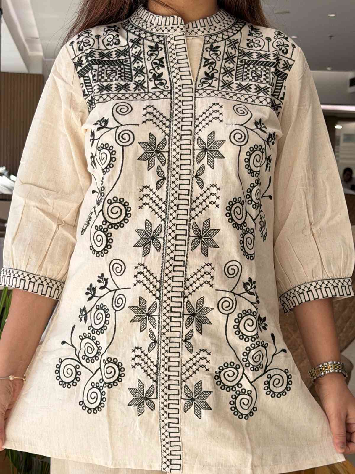 Pure Cotton Full Embroidery Coordset With Pockets In Bottom In White Colour