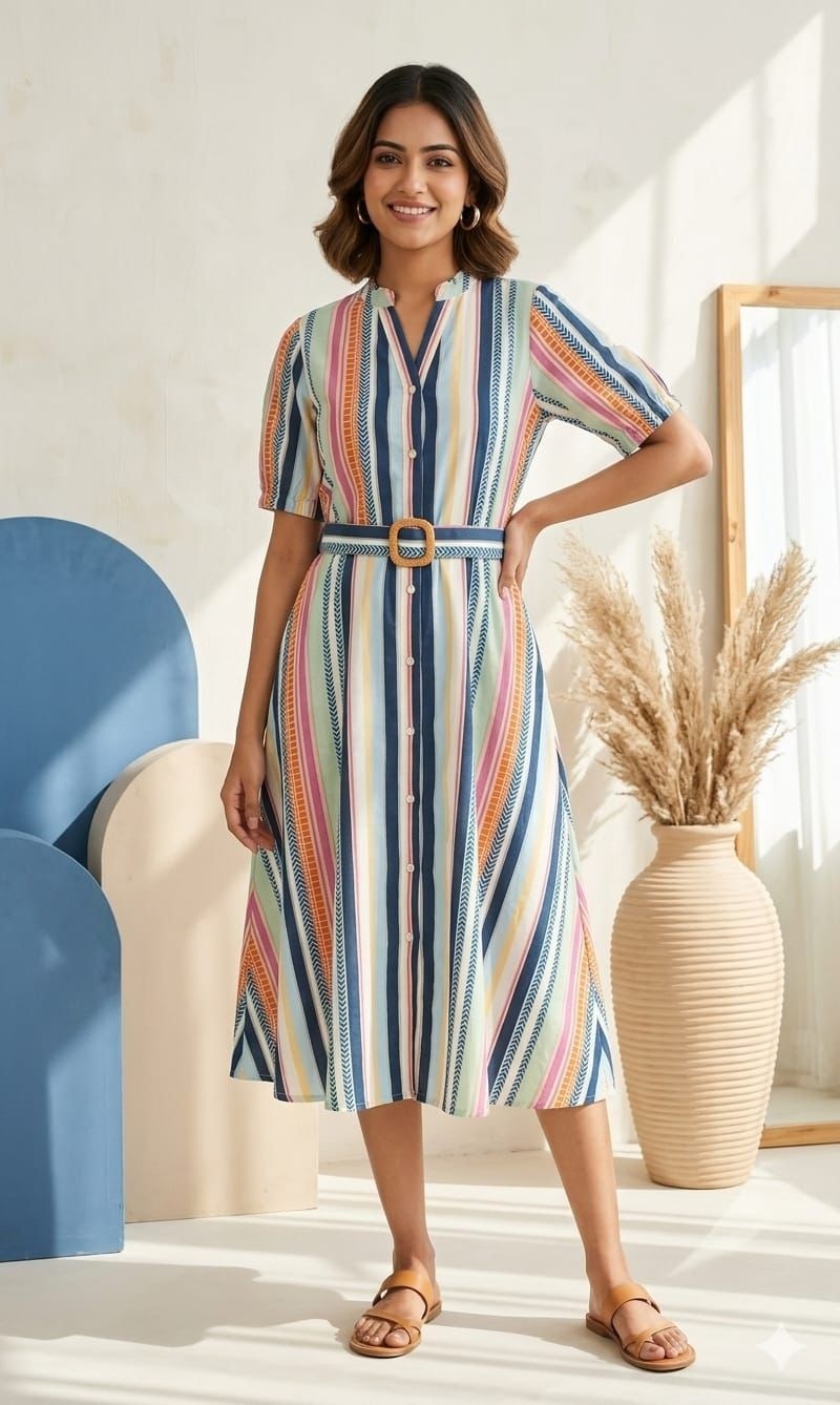Pure Cotton Multicolour Tunic Stripes Pattern With Adjustable Belt