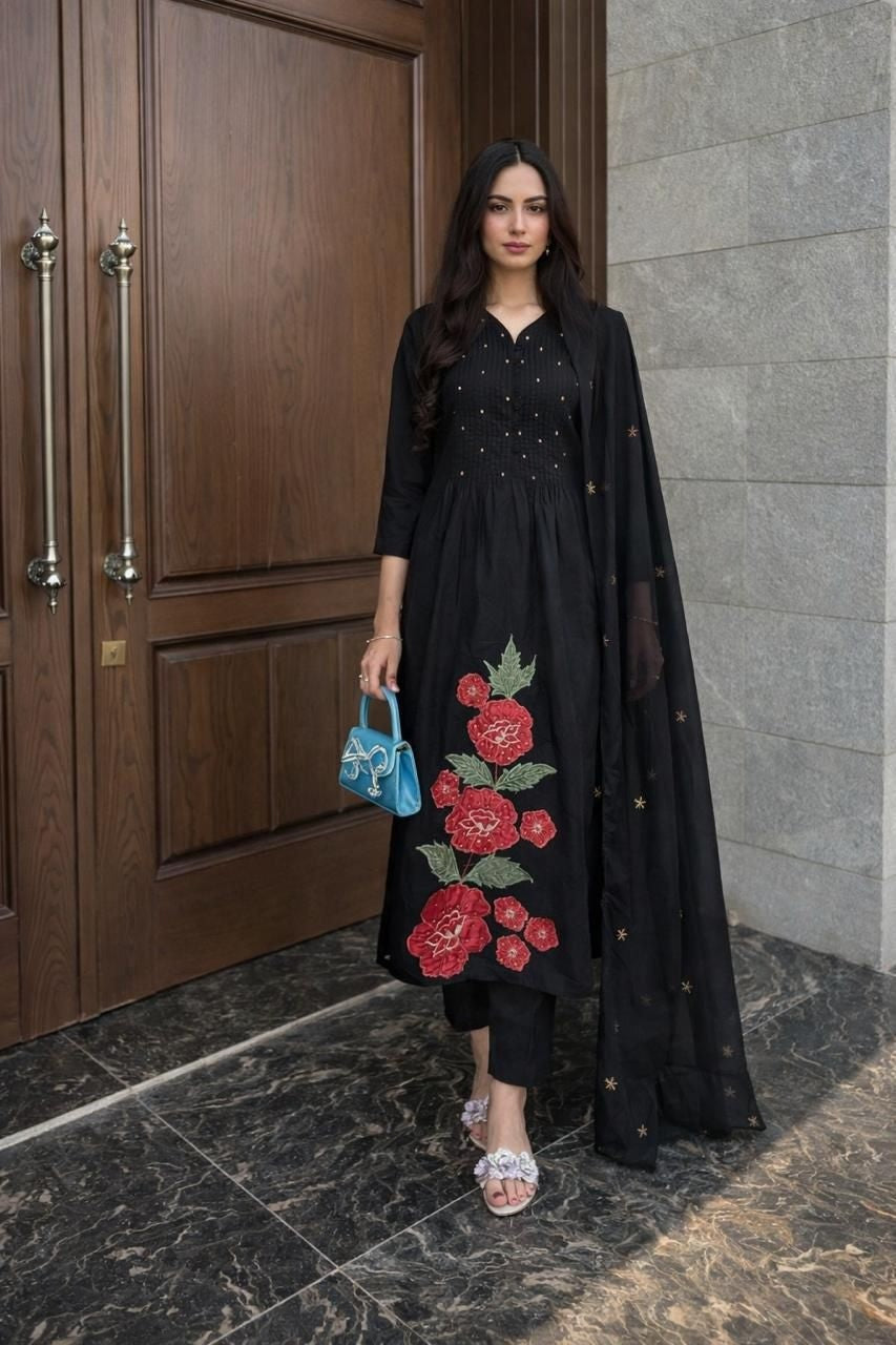 Pure Cotton Suit Set With Handwork On Yoke Applique Work On Kurta With Mul Cotton Duppata With Cotton Bottom