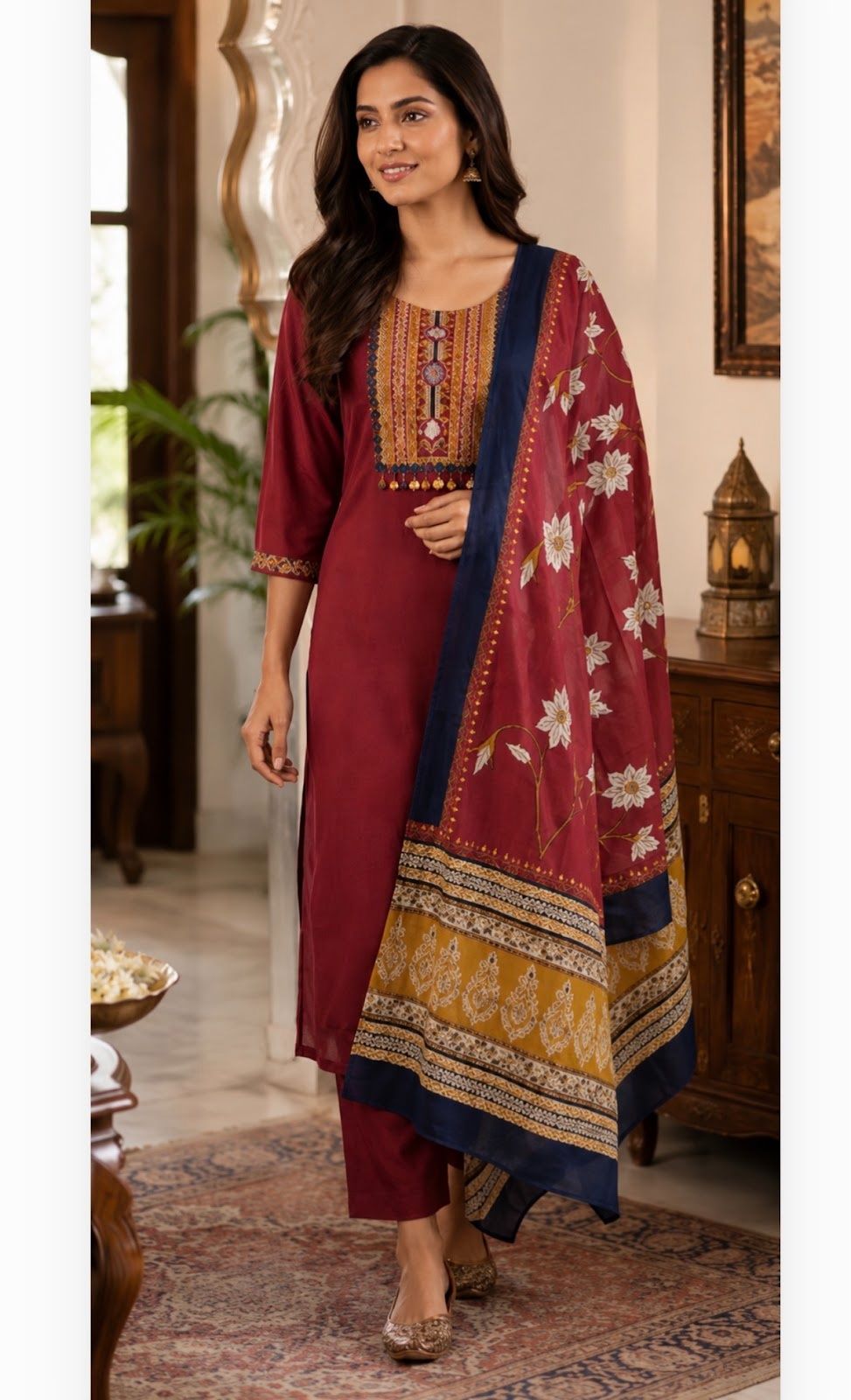 Pure cotton suit set with  real Mirror on yoke with floral dupatta