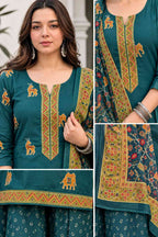 Pure cotton teal green short kurta with skirt and dupatta