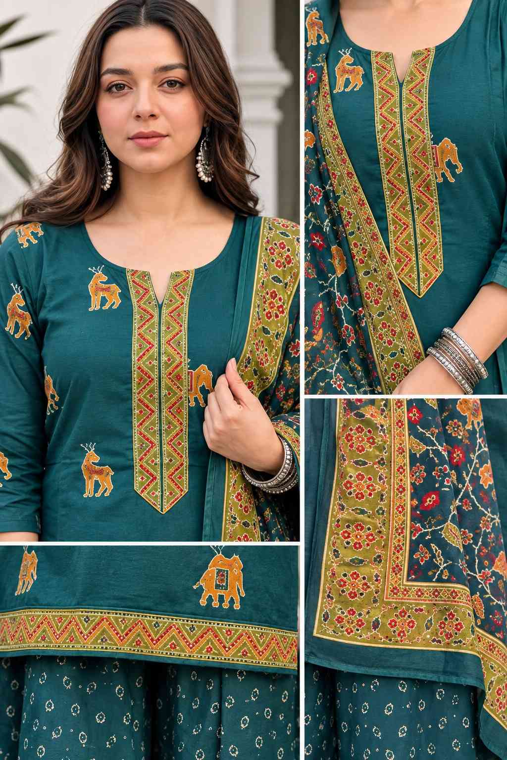 Pure cotton teal green short kurta with skirt and dupatta