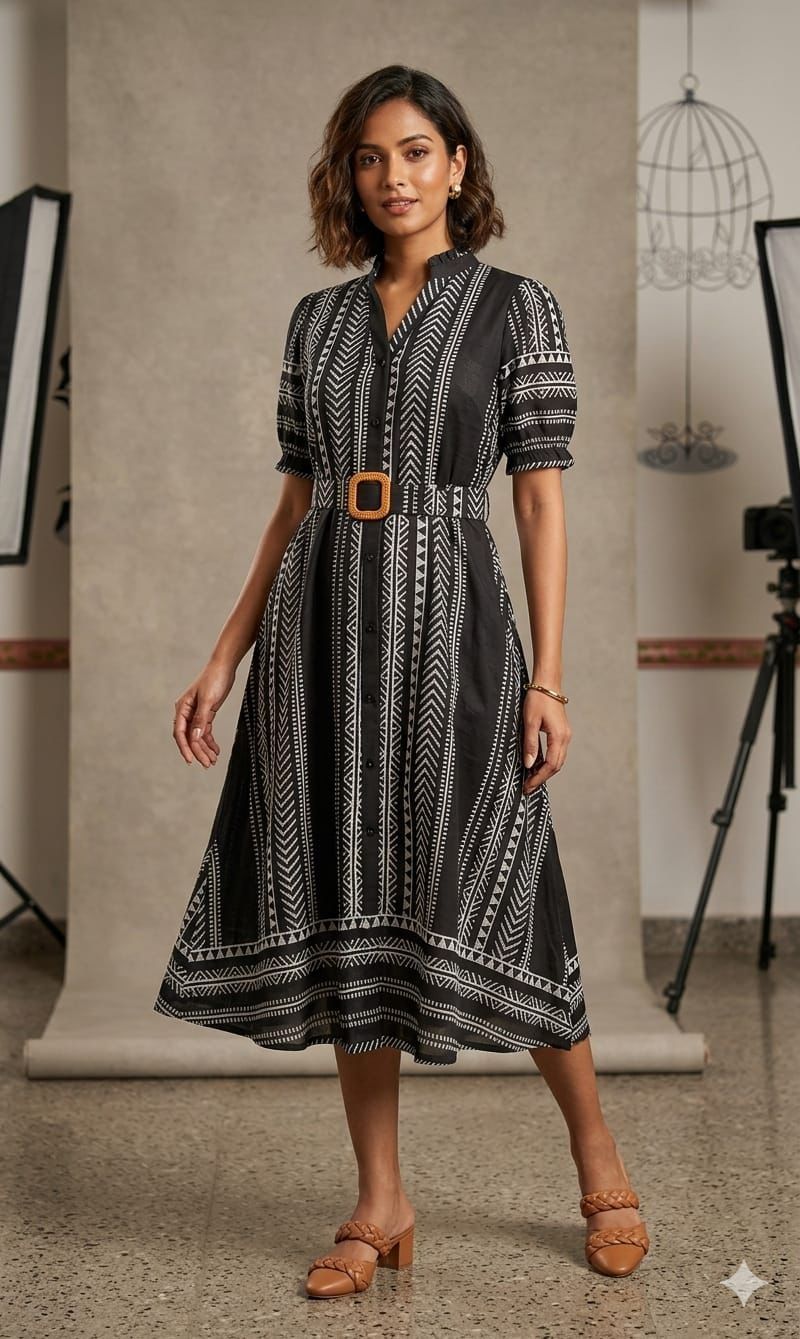 Pure Cotton Tunic Stripes Pattern With Adjustable Belt in Black