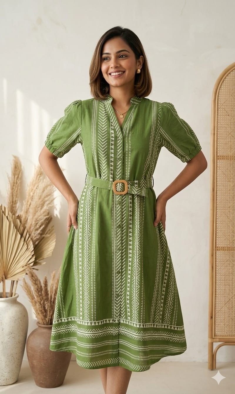 Pure Cotton Tunic Stripes Pattern With Adjustable Belt in Green