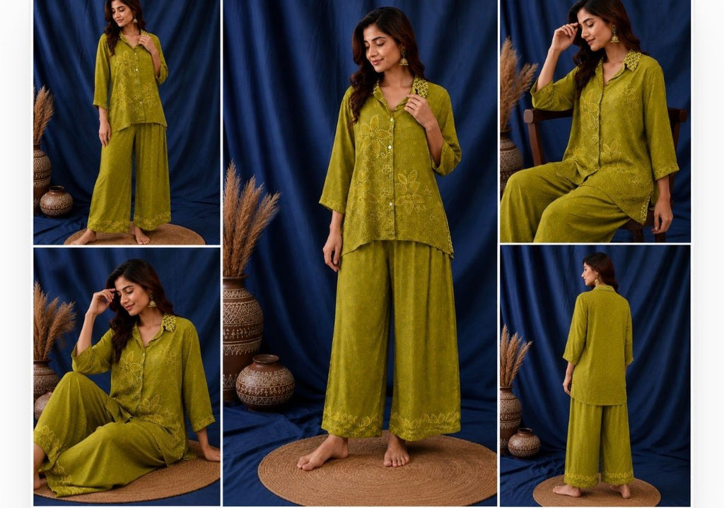 Pure crepe olive green coordset
