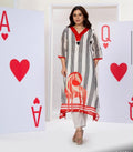 Pure mal cotton pant set  in white fabric with black vertical stripes, accented by a red striped V-neck and a large red horse graphic