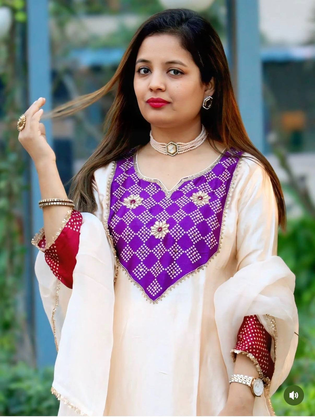 Pure Muslin suit with bandhani print on yoke