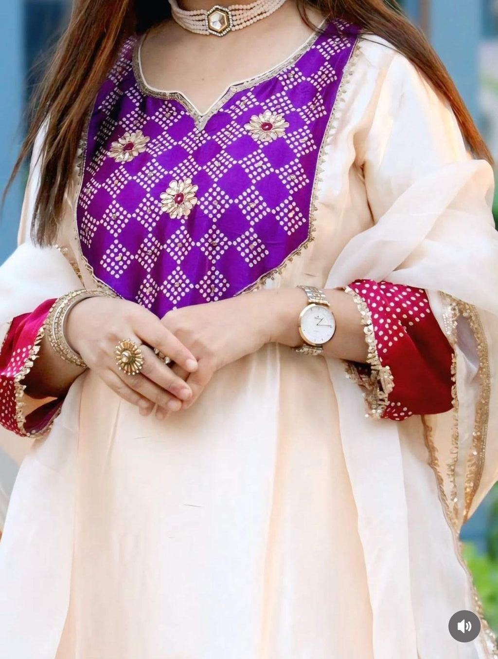 Pure Muslin suit with bandhani print on yoke