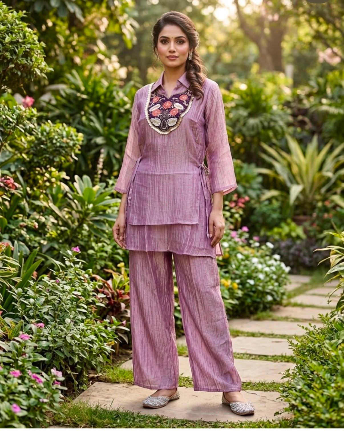 Purple floral highlighted yoke salsa tissue co-ord set featuring an embellished collar and double-layered tunic