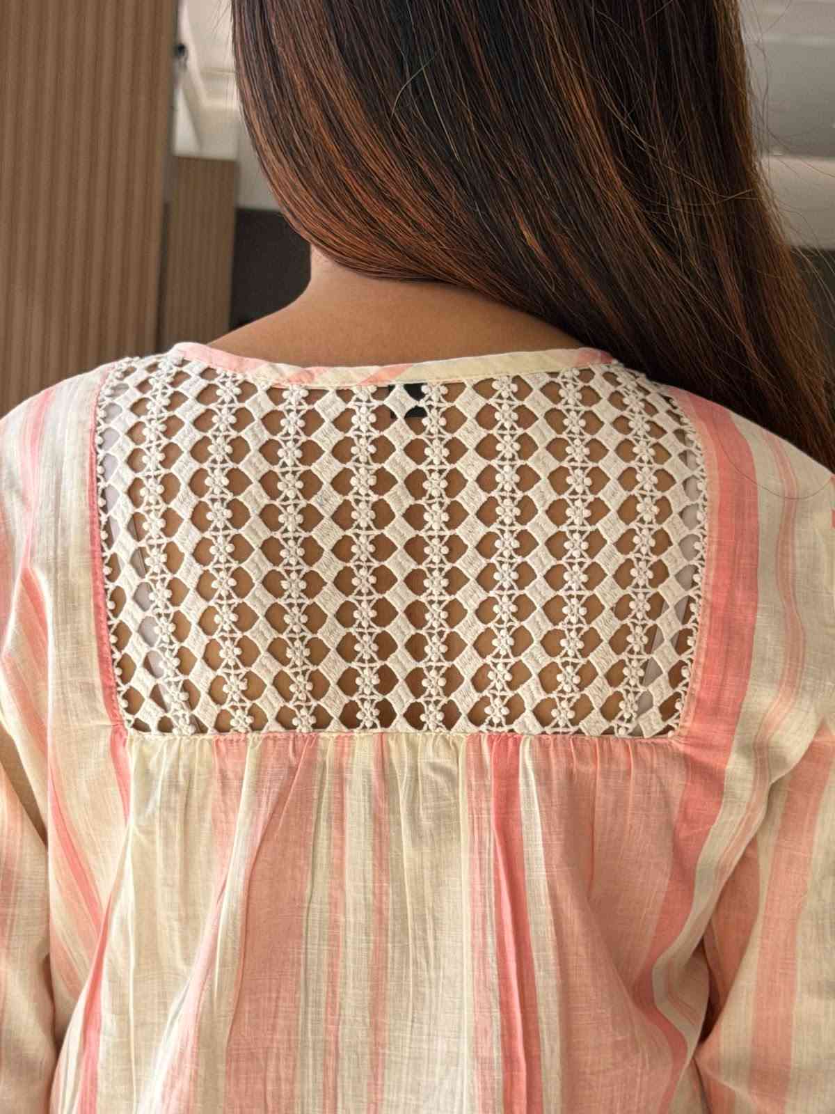 Pure Cotton Pant Set With Crochet Detailing On Back With Pockets In Bottom in Light Pink