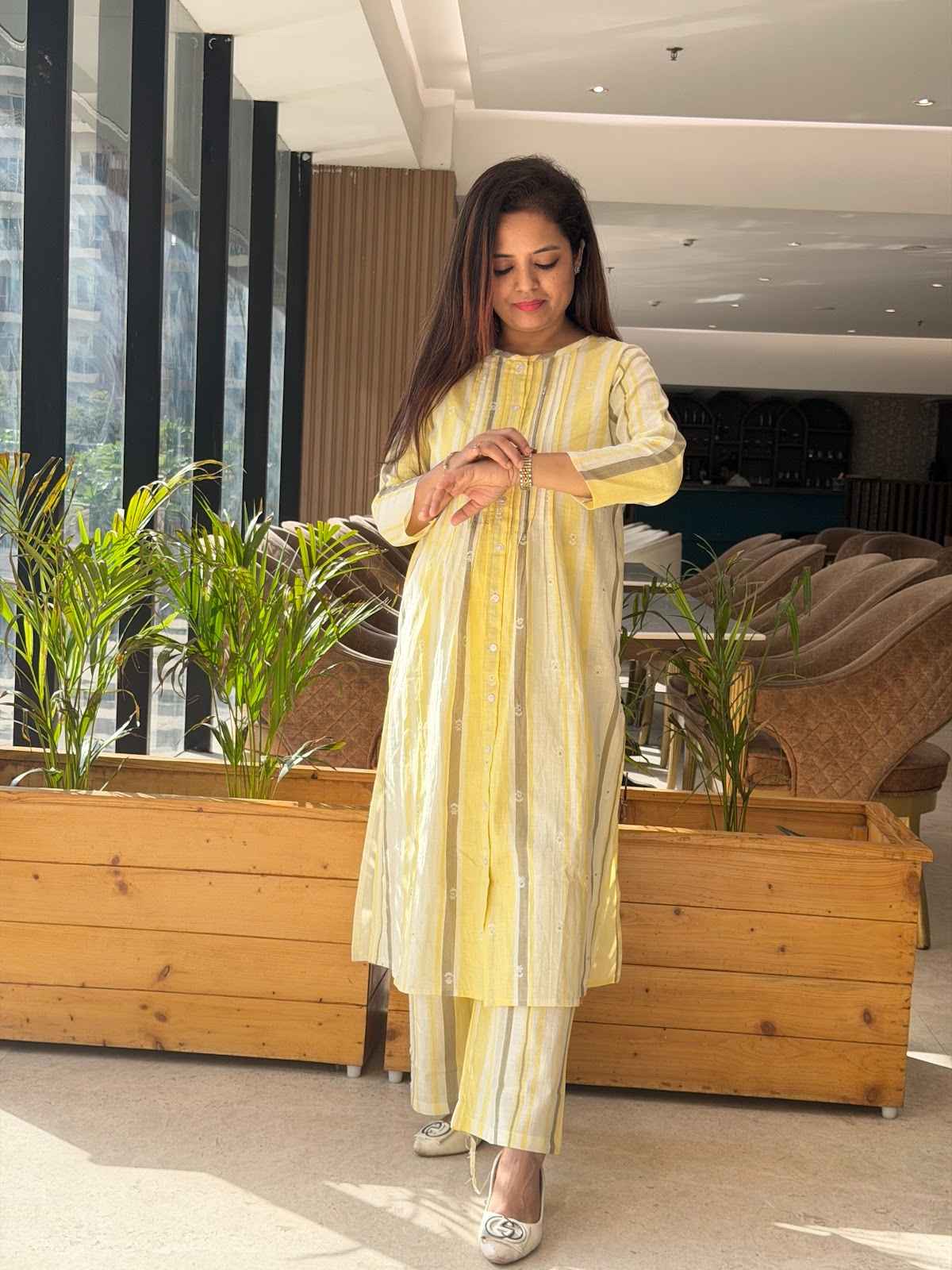 Pure Cotton Pant Set With Crochet Detailing On Back With Pockets In Bottom in Yellow