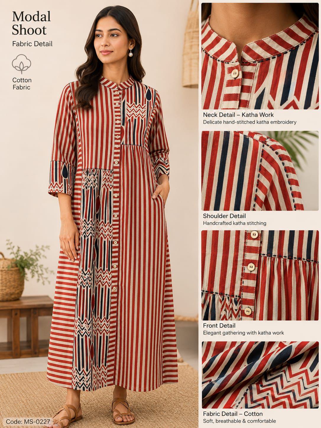 Red and cream Dressstriped cotton modal maxi-dress with a mandarin collar and katha-stitch detailing on the front and shoulders