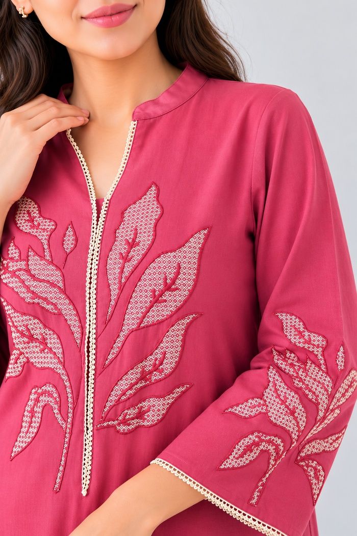 Rose Pink cotton flex Coordset with botanical Motifs refined botanical motifs with flared plazzo