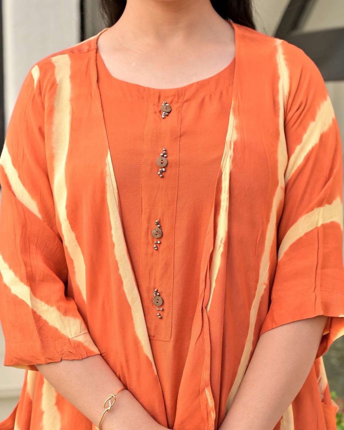 Pure muslin tie and dye shrug dress in Rust