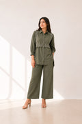 Saga Green coordset  Cotton flex Coordset embroidered floral sleeves with scalloped  nevkline and fluid silhouette
