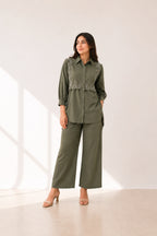 Saga Green coordset  Cotton flex Coordset embroidered floral sleeves with scalloped  nevkline and fluid silhouette