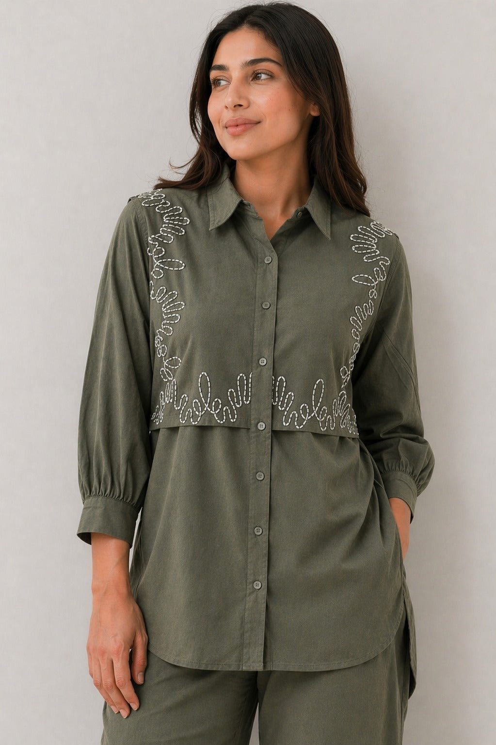 Saga Green coordset  Cotton flex Coordset embroidered floral sleeves with scalloped  nevkline and fluid silhouette