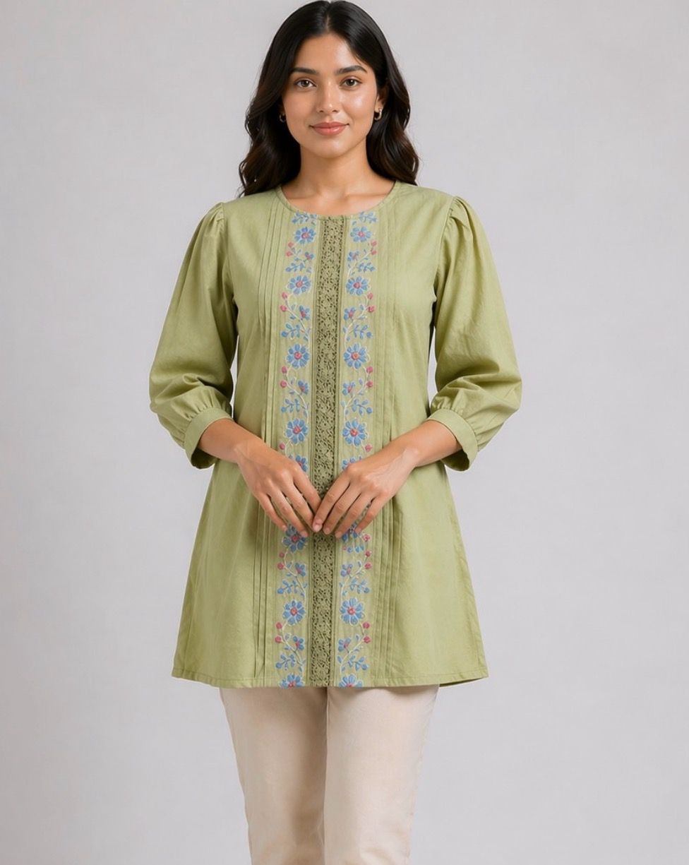 Saga Green Floral Embroidered top in viscose flex
