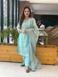 Sky Blue Kota Doria handwork printed Suit