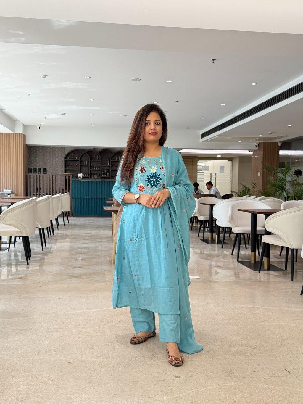 Sky Blue Pure mal Cotton a line suit with handwork detailing and embroidery on yoke