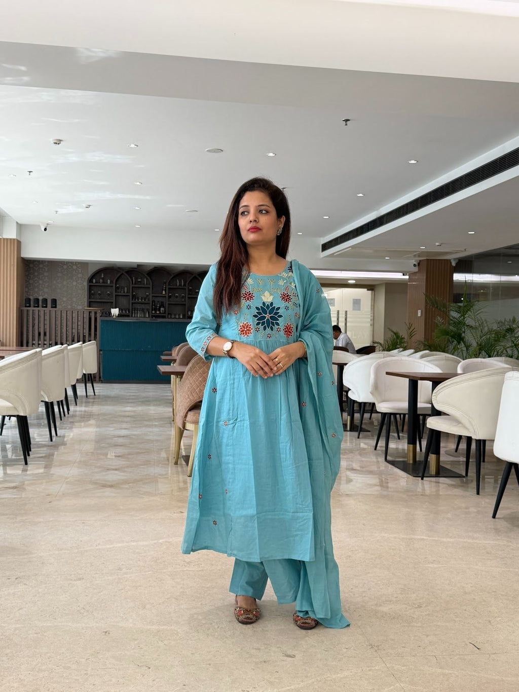 Sky Blue Pure mal Cotton a line suit with handwork detailing and embroidery on yoke