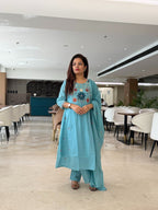 Sky Blue Pure mal Cotton a line suit with handwork detailing and embroidery on yoke