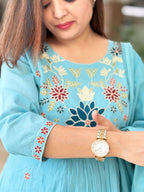 Sky Blue Pure mal Cotton a line suit with handwork detailing and embroidery on yoke