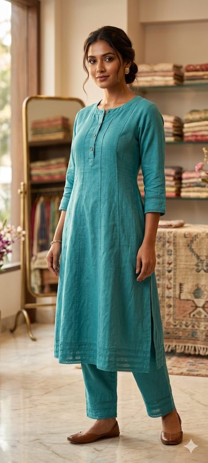 Soft Denim Look Anarkali Pant Set With Pockets