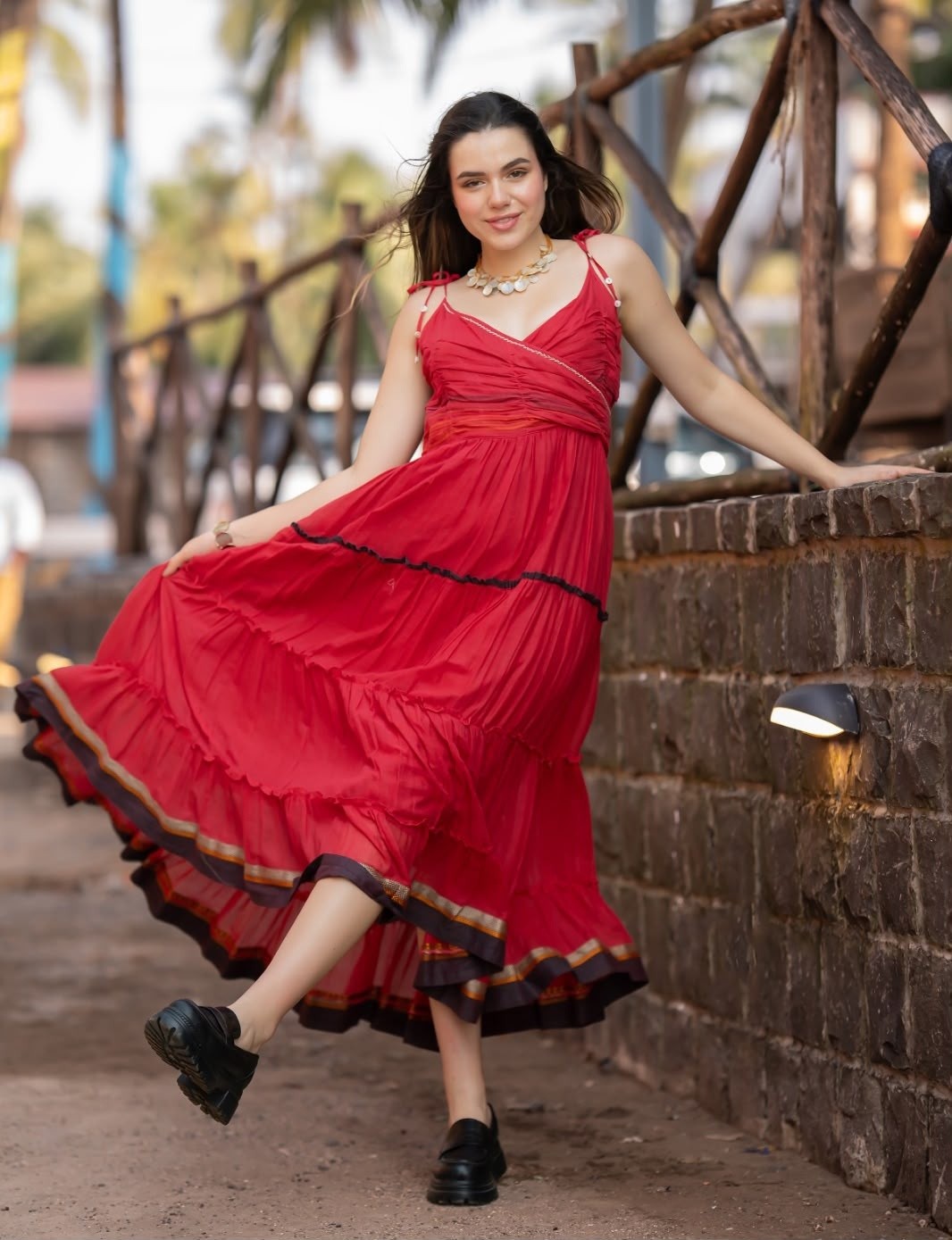 Vibrant mul cotton spaghetti dress in tiered pattern with lining