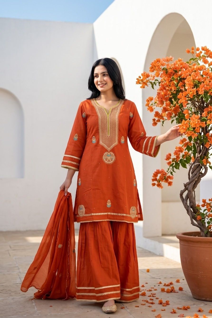 Vibrant orange ethnic sharara set intricate gold zari embroidery