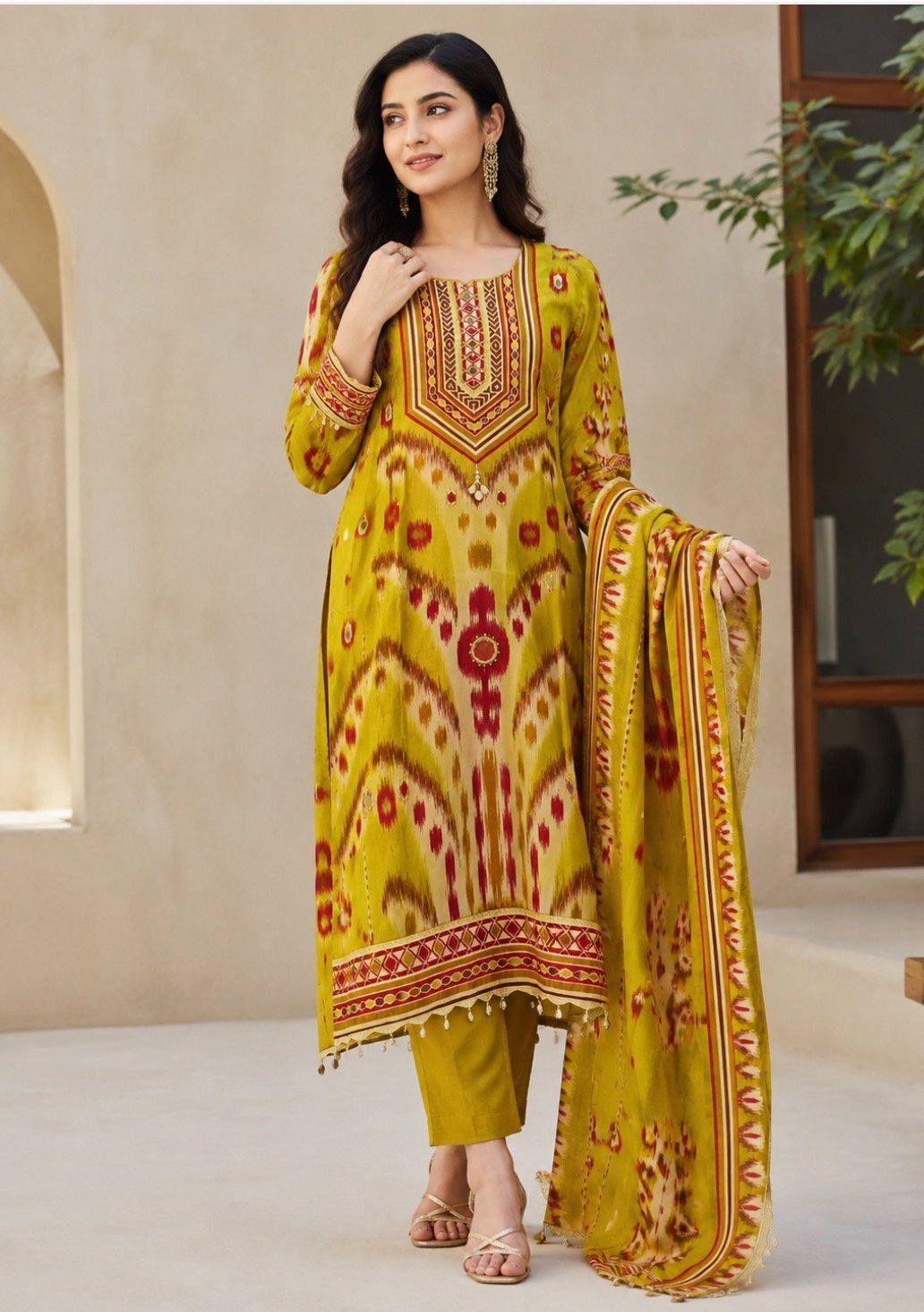 Vibrant yellow Ikkat print with detailed yoke embellishments