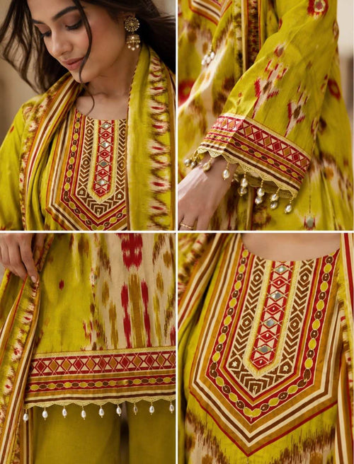 Vibrant yellow Ikkat print with detailed yoke embellishments