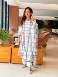white and black checkered straight-cut kurta in cotton linen paired with floral pink rose prints, matching straight-leg trousers, and a coordinating checkered dupatta