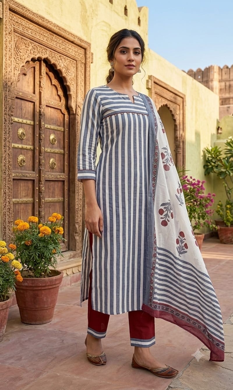 white and blue striped pure cotton  strainght suit with french knot work and coin detailing on yoke , paired with maroon trousers and a complete handblock printed dupatta