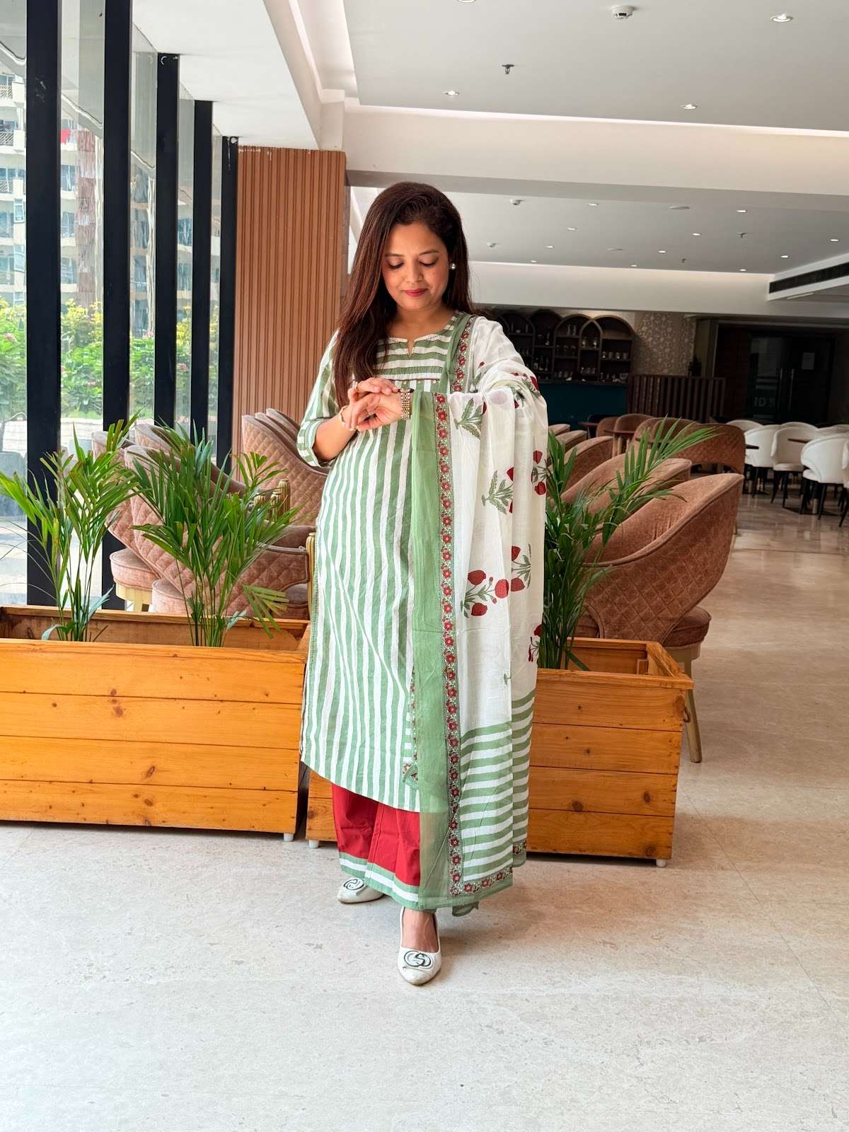 white and green striped pure cotton  strainght suit with french knot work and coin detailing on yoke , paired with maroon trousers and a complete handblock printed dupatta