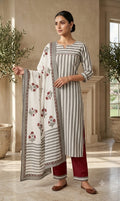 white and grey striped pure cotton  strainght suit with french knot work and coin detailing on yoke , paired with maroon trousers and a complete handblock printed dupatta