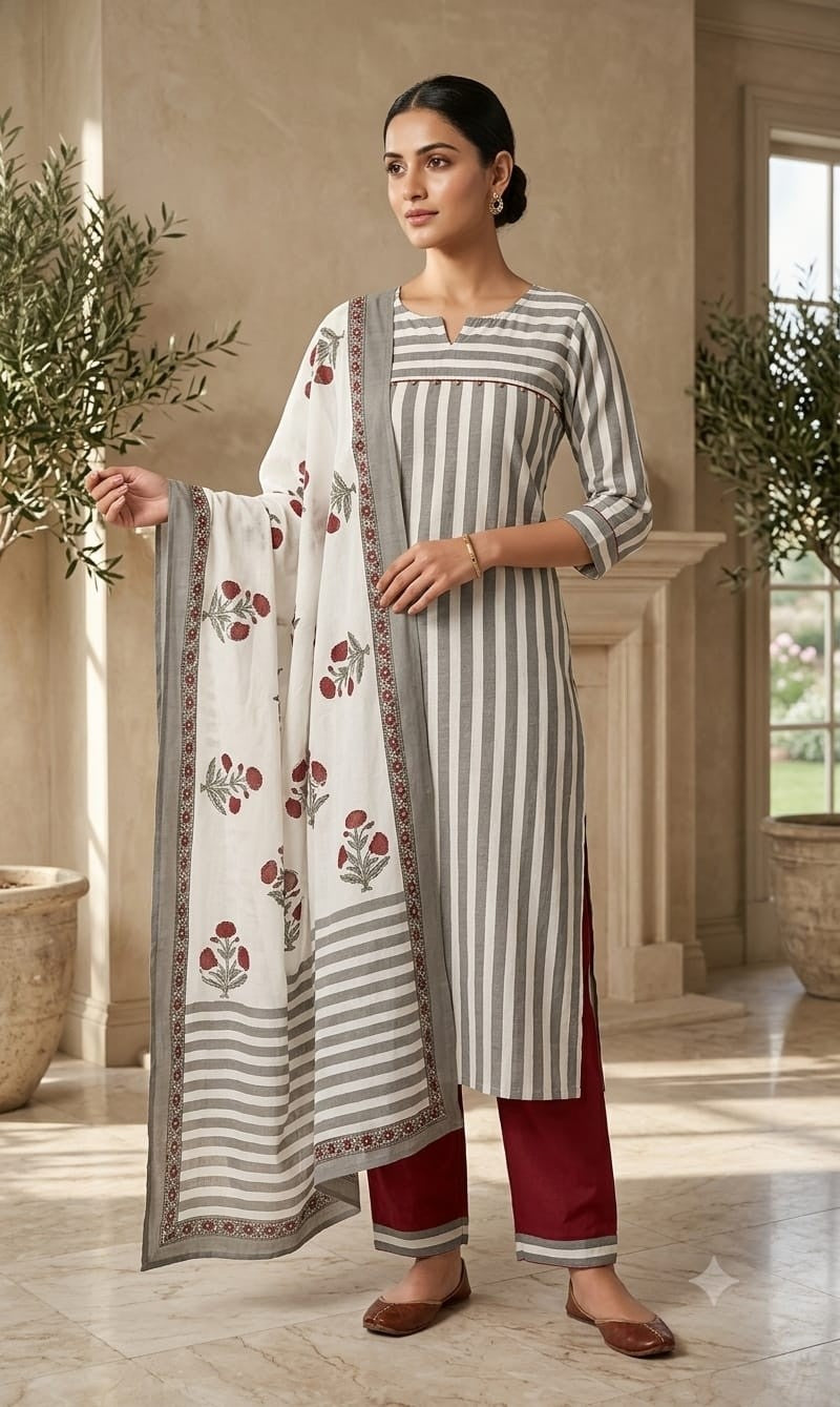 white and grey striped pure cotton  strainght suit with french knot work and coin detailing on yoke , paired with maroon trousers and a complete handblock printed dupatta